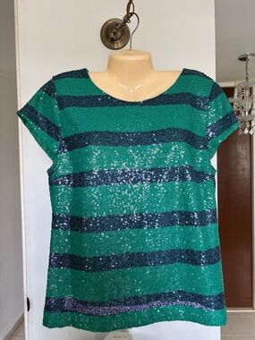 Green Sequin Striped Short-Sleeve Tee